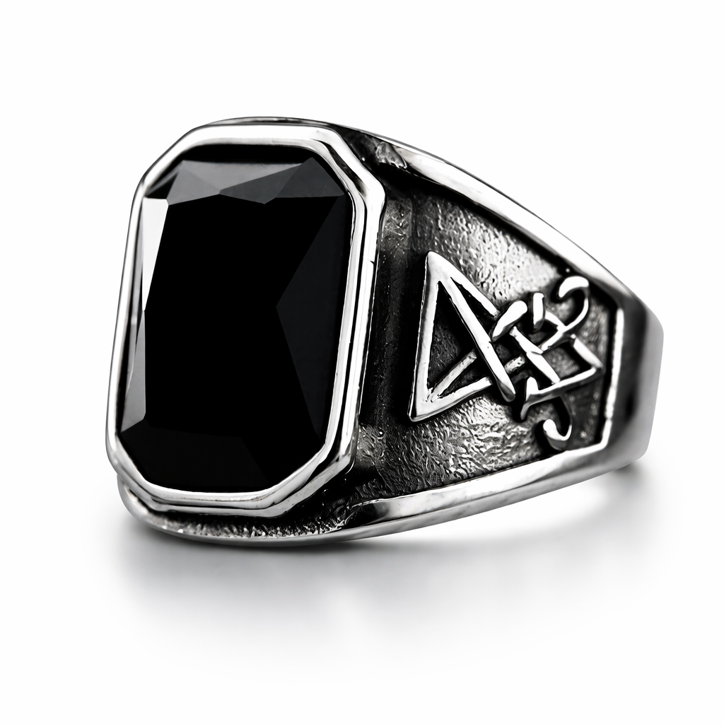 Men Gothic Black Stone Signet Ring Vintage Occult Engraved Rock Biker Punk Band # R366