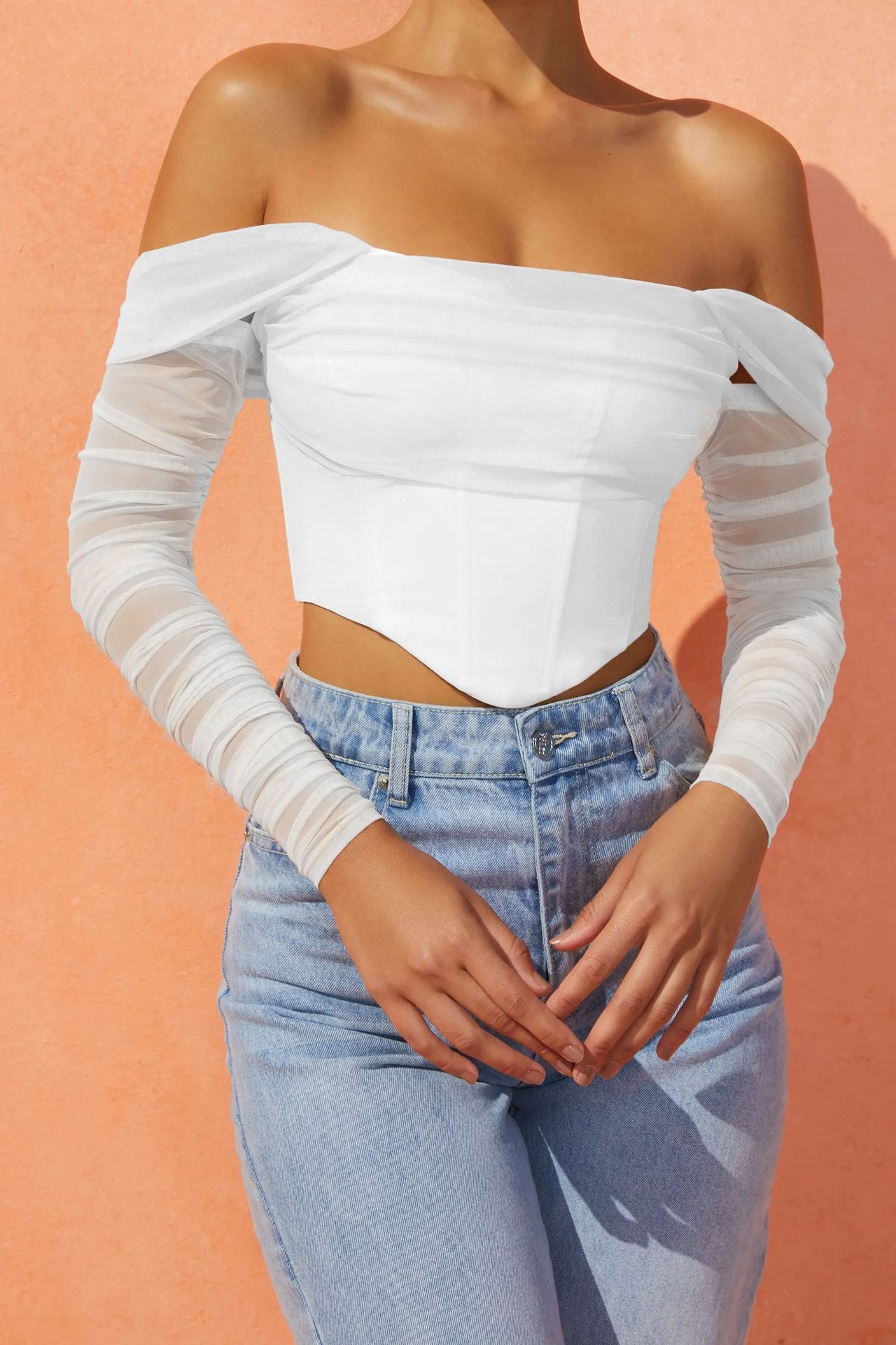 Women Sexy Mesh Fishbone Perspective Exposed Navel Off The Shoulder Short Top
