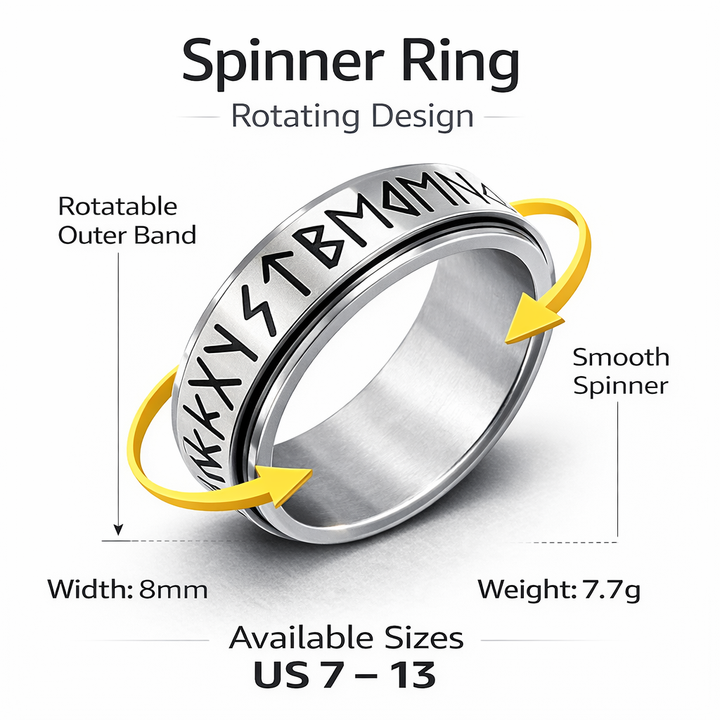 Viking Nordic Rune Spinner Ring Rotating Fidget Anxiety Stress Relief Norse Band # R421