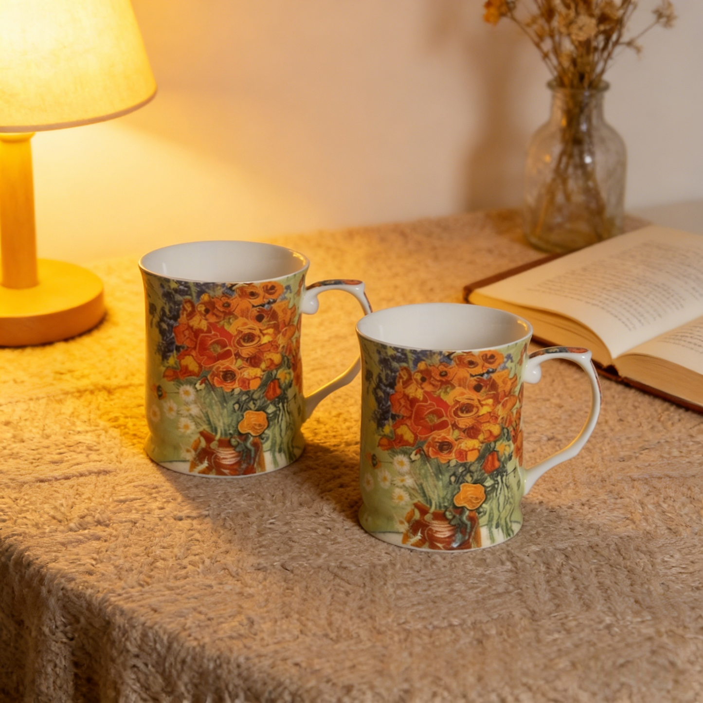 415cc Fine Porcelain Floral Art Mug – Van Gogh Style Red Bouquet Coffee Tea Cup # CW1693