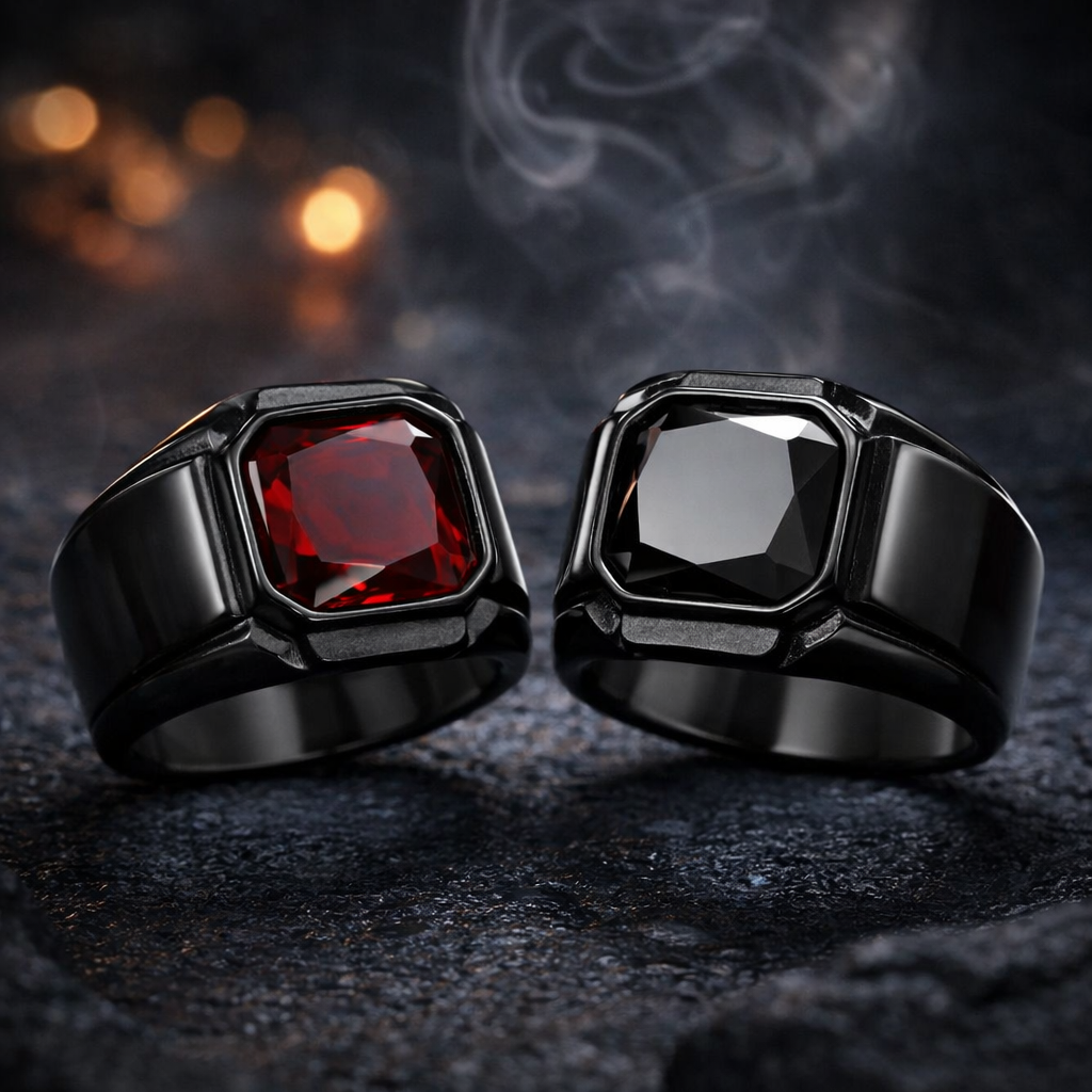 Men Biker Square Signet Ring Black or Red Synthetic Stone Vintage Statement Band # R321