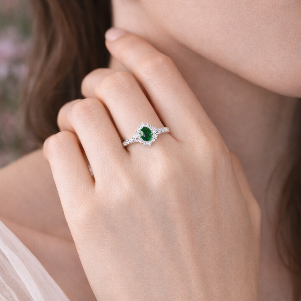 Women Green Oval CZ Halo Ring Silver Tone Alloy Engagement Style Jewellery Gift # R190