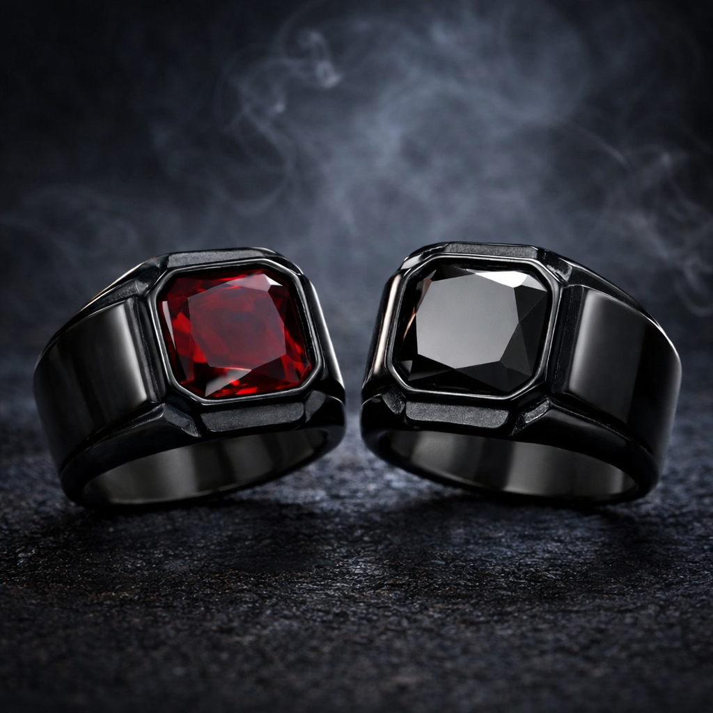 Men Biker Square Signet Ring Black or Red Synthetic Stone Vintage Statement Band # R321