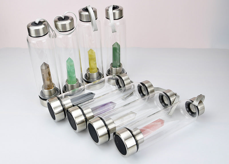 Fashion Colorful Energy Crystal Stone Hexagon Column Glass Water Bottle Gift