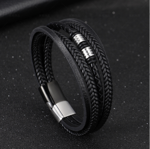 Men Cuff Vintage Wrist Rope PU Leather Bracelet Bangle Stainless Steel Buckle