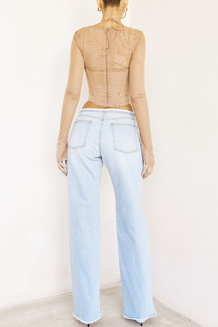Sexy Women Fishbone Hollow Perspective Exposed Navel Mesh Short Top 3 Colors