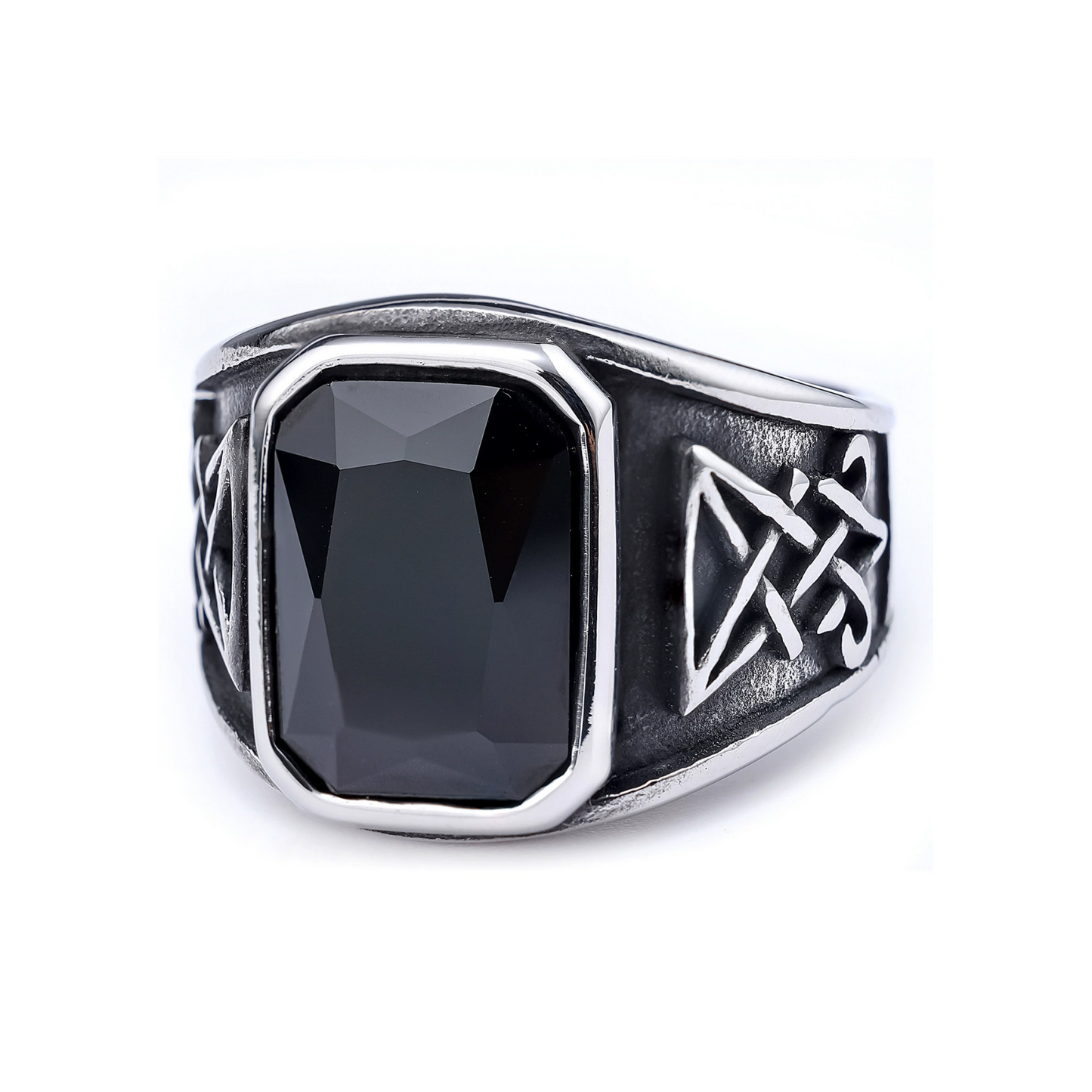 Men Gothic Black Stone Signet Ring Vintage Occult Engraved Rock Biker Punk Band # R366