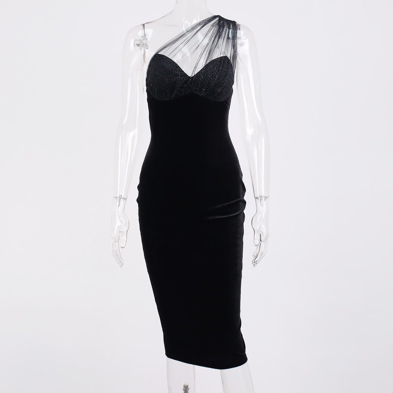 Women Fashion Sexy One Shoulder Perspective Stitching Dress MIDI Skirt Dress