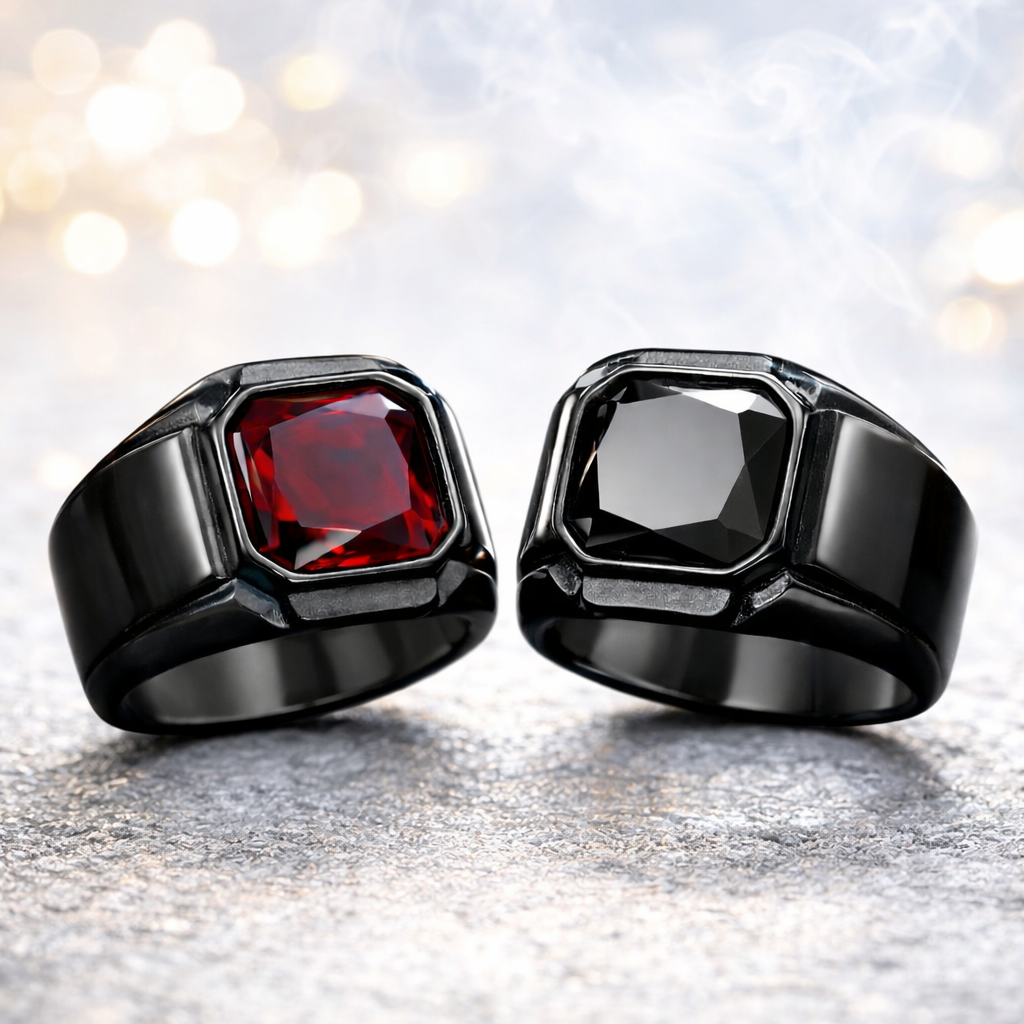 Men Biker Square Signet Ring Black or Red Synthetic Stone Vintage Statement Band # R321