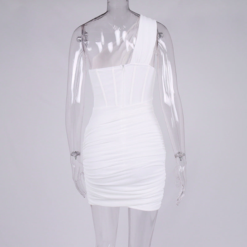 Sexy Women Hollow One Shoulder Fish-bone Underwire Pleated Miniskirt Dress