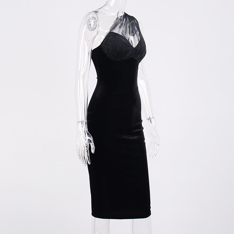 Women Fashion Sexy One Shoulder Perspective Stitching Dress MIDI Skirt Dress