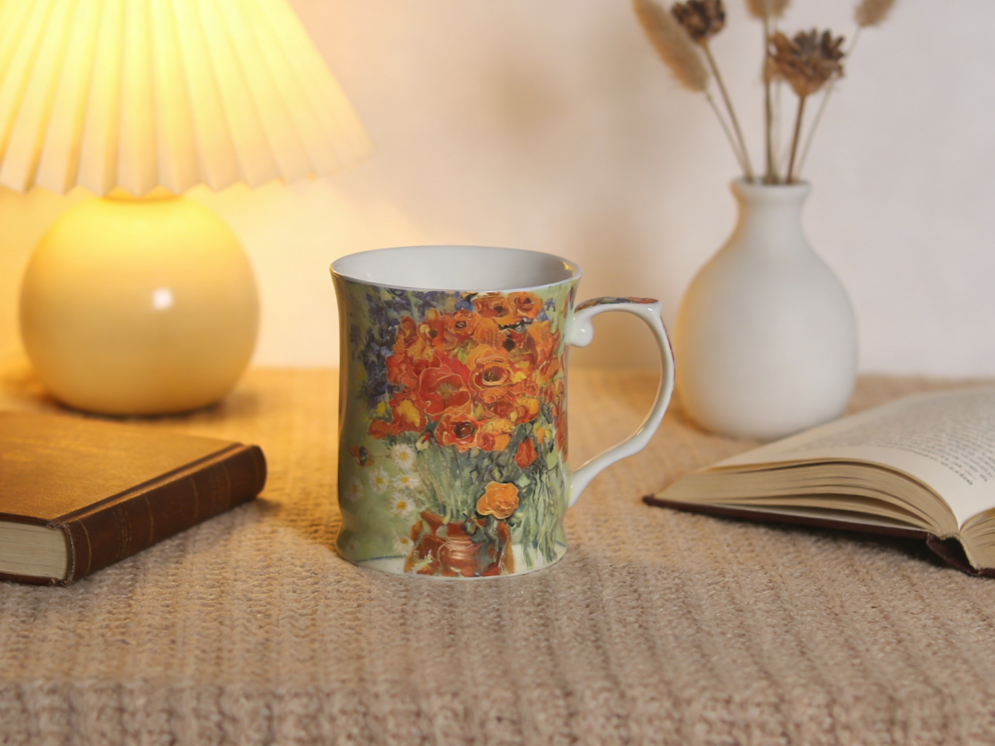 415cc Fine Porcelain Floral Art Mug – Van Gogh Style Red Bouquet Coffee Tea Cup # CW1693