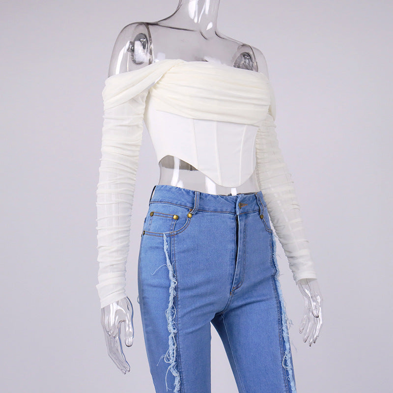 Women Sexy Mesh Fishbone Perspective Exposed Navel Off The Shoulder Short Top
