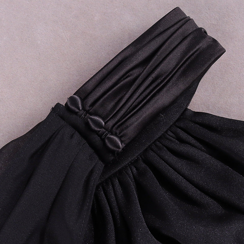 Women Sexy Satin Halter Neckline Backless Chiffon Streamers Miniskirt Dress