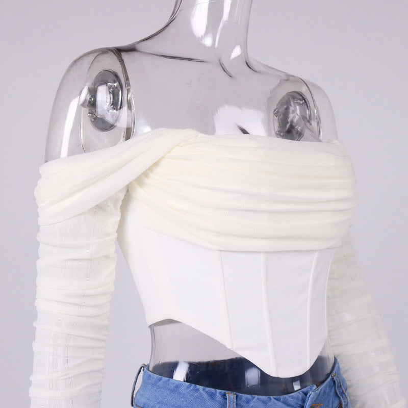 Women Sexy Mesh Fishbone Perspective Exposed Navel Off The Shoulder Short Top