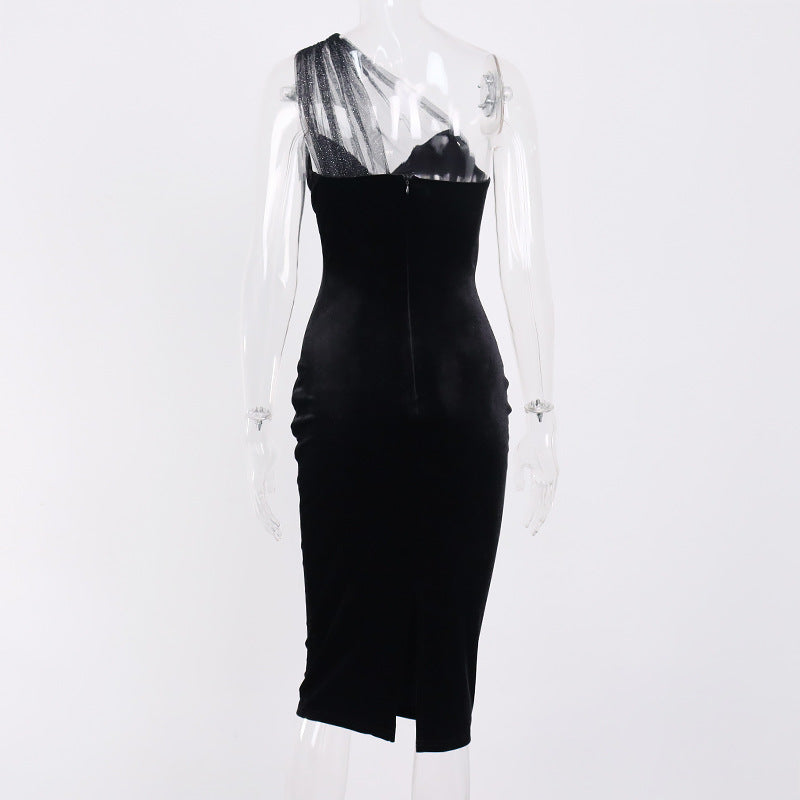 Women Fashion Sexy One Shoulder Perspective Stitching Dress MIDI Skirt Dress