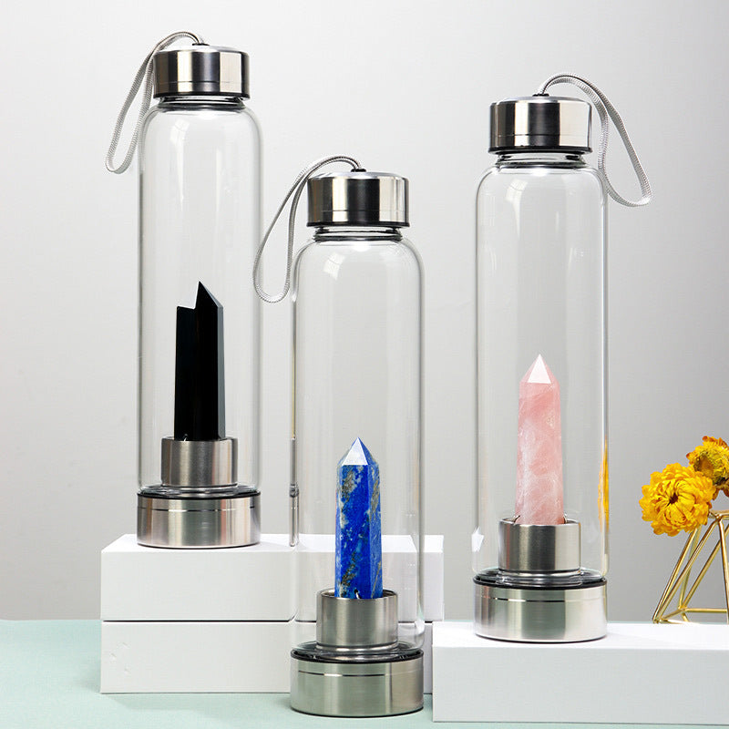 Fashion Colorful Energy Crystal Stone Hexagon Column Glass Water Bottle Gift