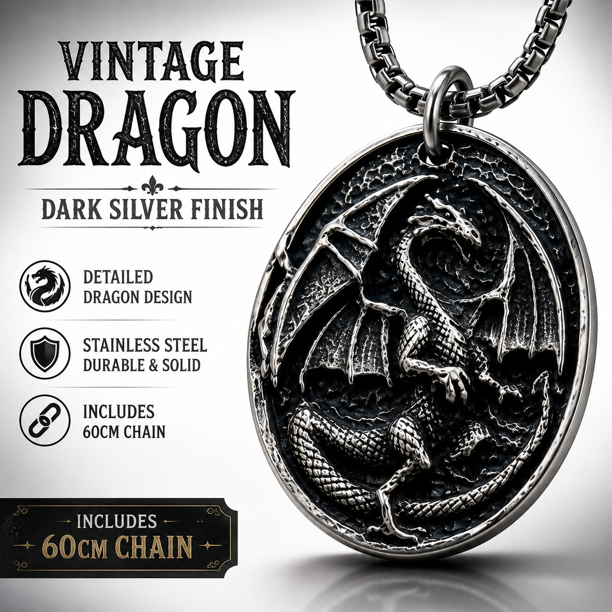 Vintage Dragon Pendant Necklace for Men Stainless Steel Gothic Biker Fantasy Style Necklace Dark Silver Finish Chain PN0020