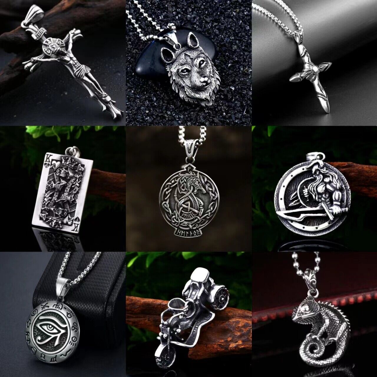 Retro Pendant Punk Vintage Cross Animal Totem Poker Pendant Biker Chain Necklace