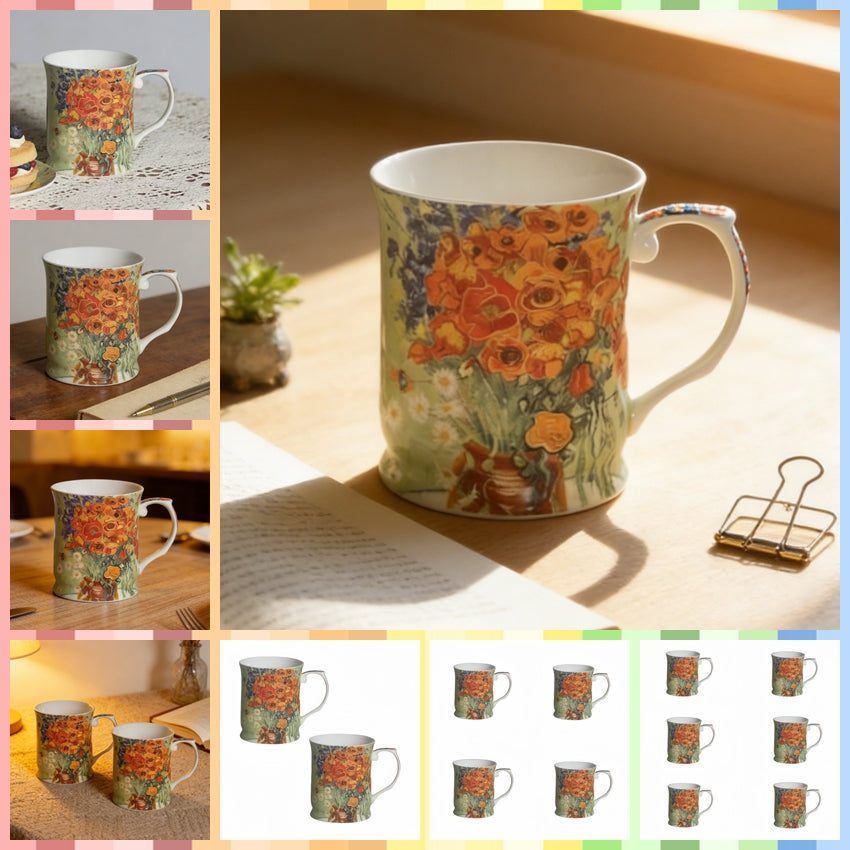 415cc Fine Porcelain Floral Art Mug – Van Gogh Style Red Bouquet Coffee Tea Cup # CW1693
