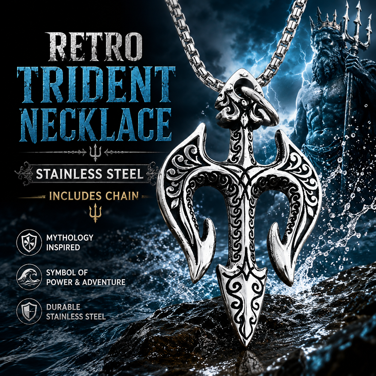 Men Vintage Poseidon Trident Pendant Necklace Gothic Greek Mythology Amulet Stainless Steel Chain PN0001