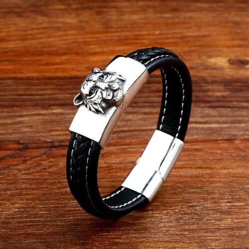Men Fashion Tiger Head Artificial Leather Titanium Stainless Steel Bracelets