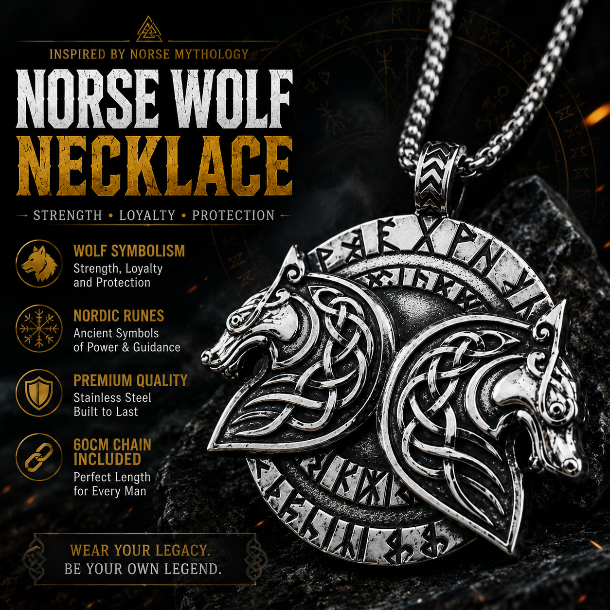 Viking Double Wolf Head Pendant Necklace Celtic Knot Rune Stainless Steel Amulet with Chain PN0189