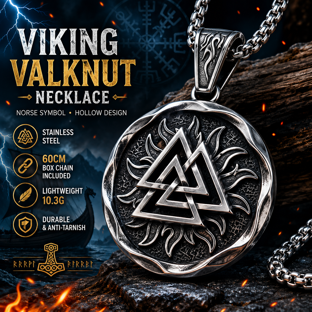 Viking Valknut Pendant Necklace Norse Symbol Stainless Steel with Chain Dark Silver Symbol Jewellery Gift PN0011