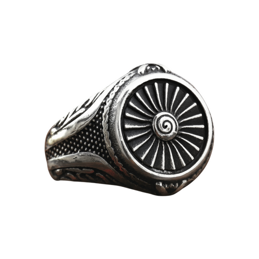 Men Silver Tone Nordic Viking Sun Wheel Signet Ring Norse SpiralAmulet Symbol of Strength & Protection # R328