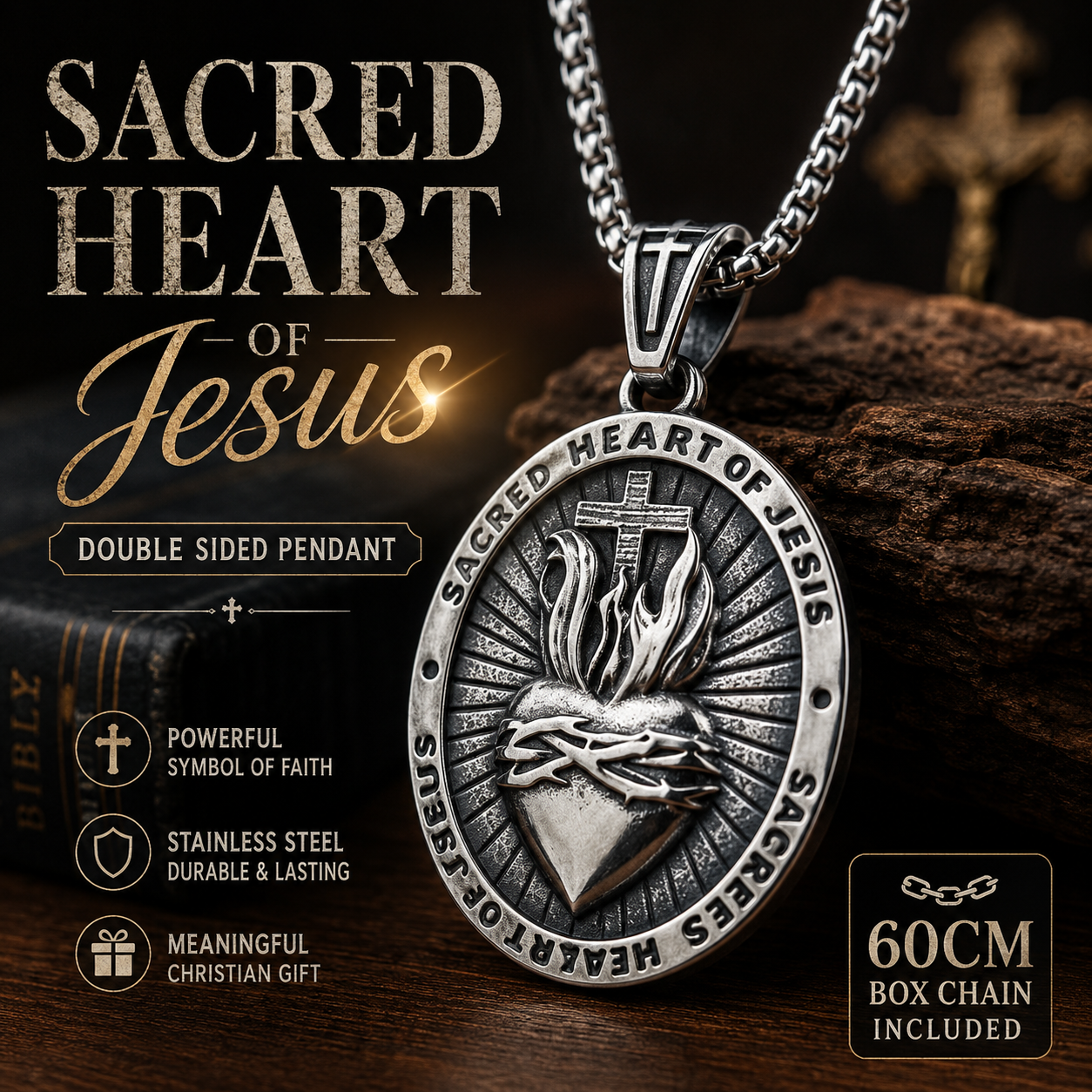 Sacred Heart of Jesus Pendant Necklace for Men Women, Double Sided Stainless Steel Christian Cross Medal, Vintage Dark Silver Religious Necklace with 60cm Box Chain, Catholic Faith Gift #PN0031