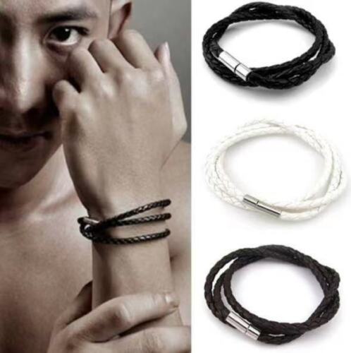 Fashion Men Women Three Laps PU Titanium Steel Bracelet Wristband Bangle Punk 1pc