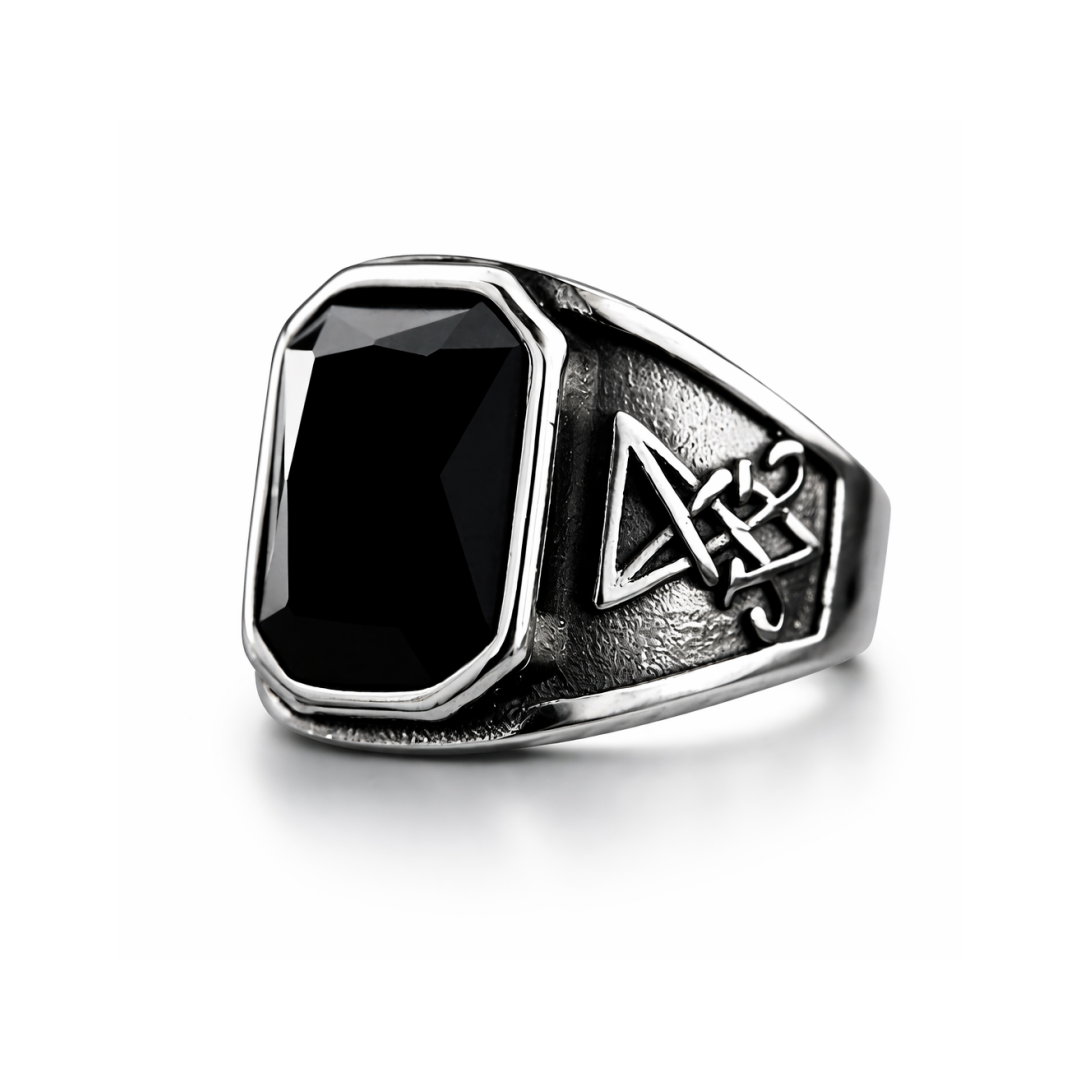 Men Gothic Black Stone Signet Ring Vintage Occult Engraved Rock Biker Punk Band # R366