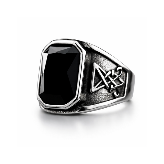 Men Gothic Black Stone Signet Ring Vintage Occult Engraved Rock Biker Punk Band # R366