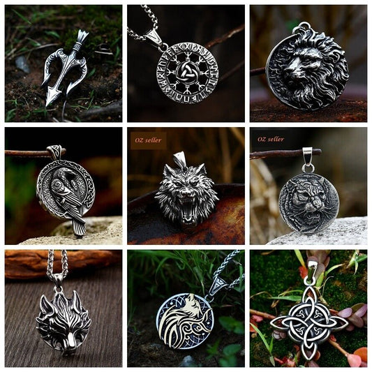 Cool Retro Punk Vintage Wolf Totem Valknut Pendant Biker Titanium Steel Necklace