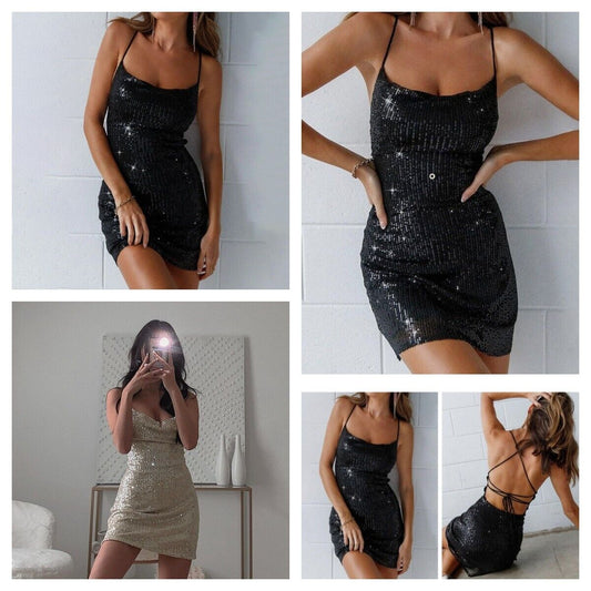 Fashion Sexy Women Party Prom Halter Glitter Sequin Polyester Slip Dress