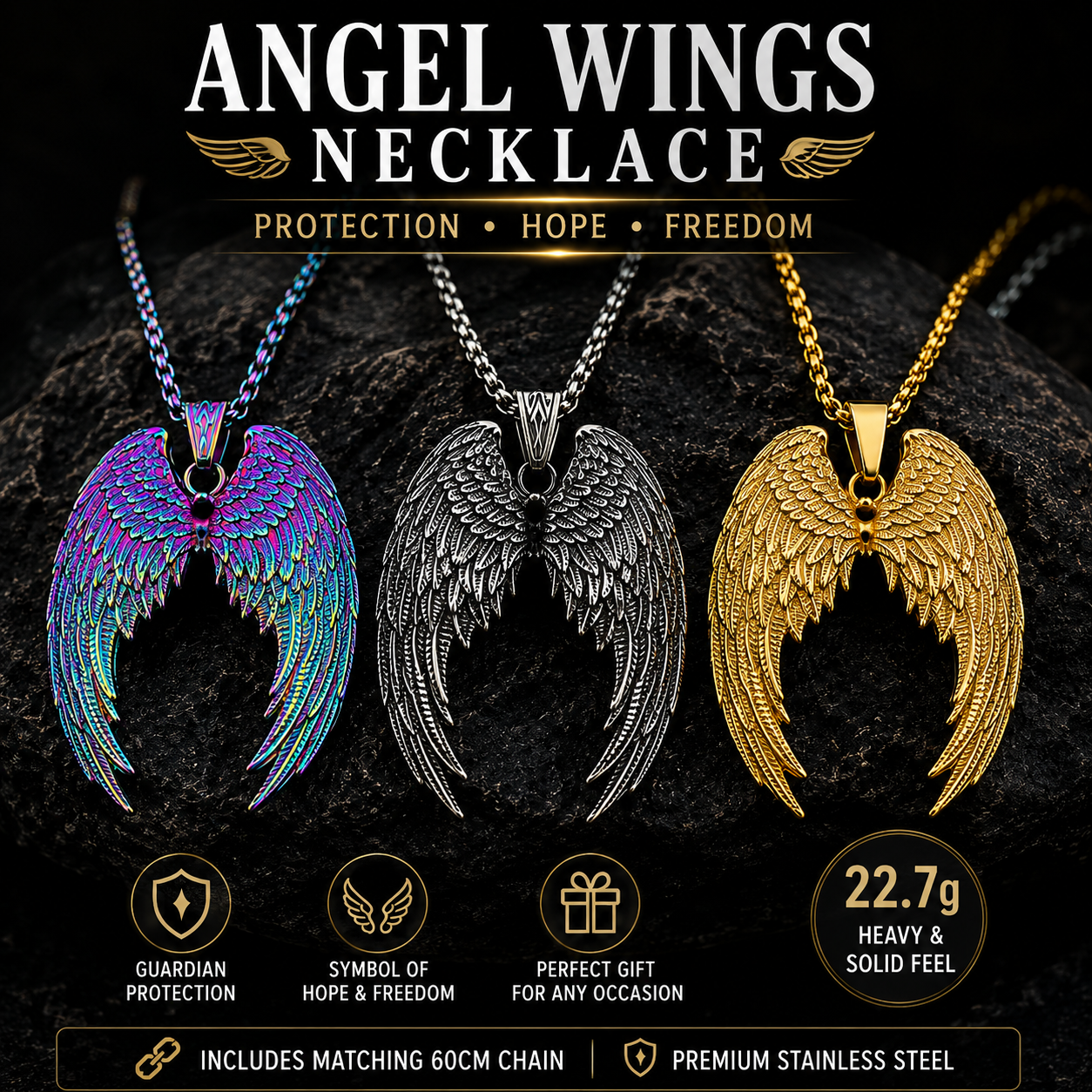 Angel Wings Necklace Stainless Steel Pendant Guardian Wing Gothic Biker Gift Chain #PN0032