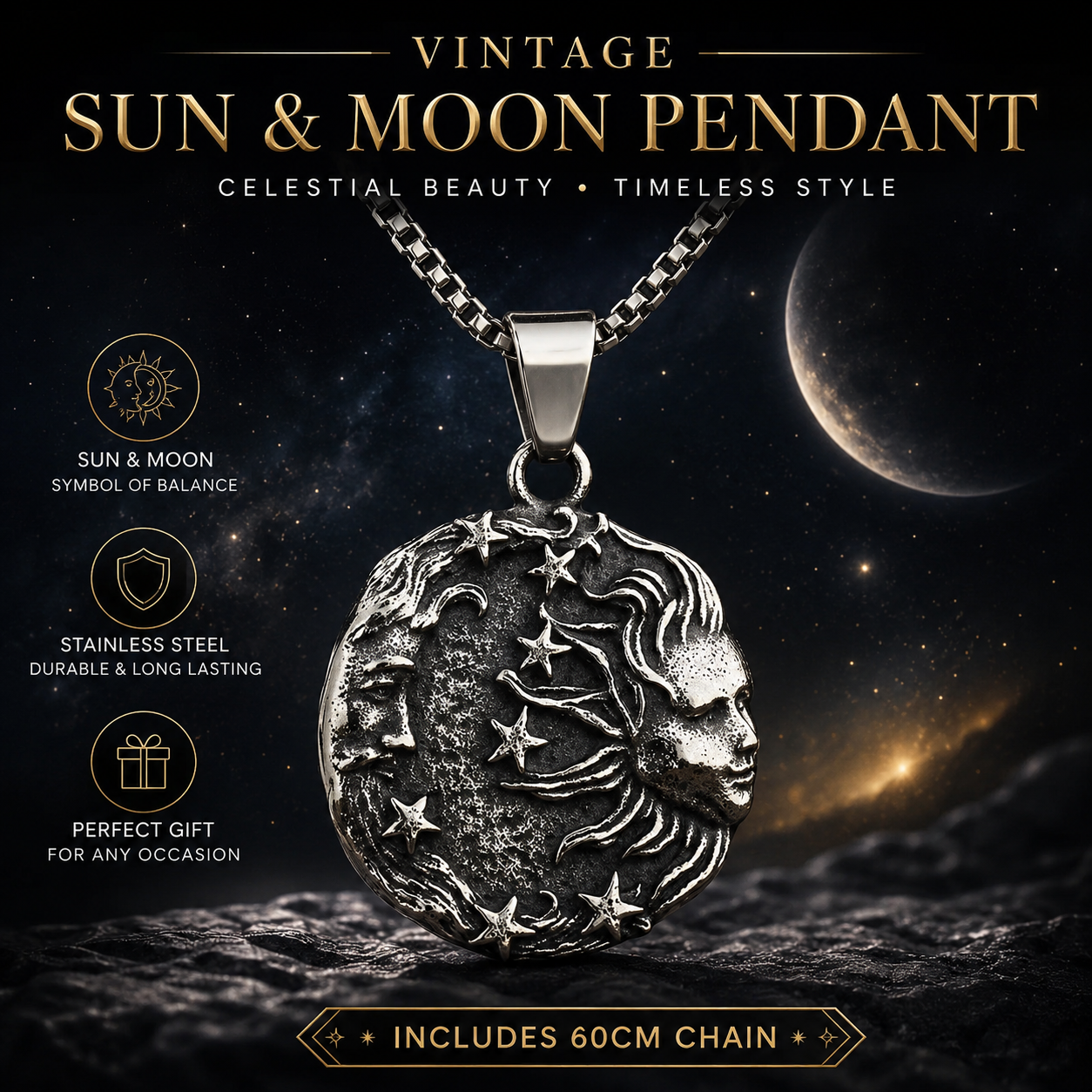 Vintage Sun Moon Face Pendant Necklace Antique Silver Celestial Stainless Steel Necklace Cosmic Star Pendant with Chain Gift PN0018