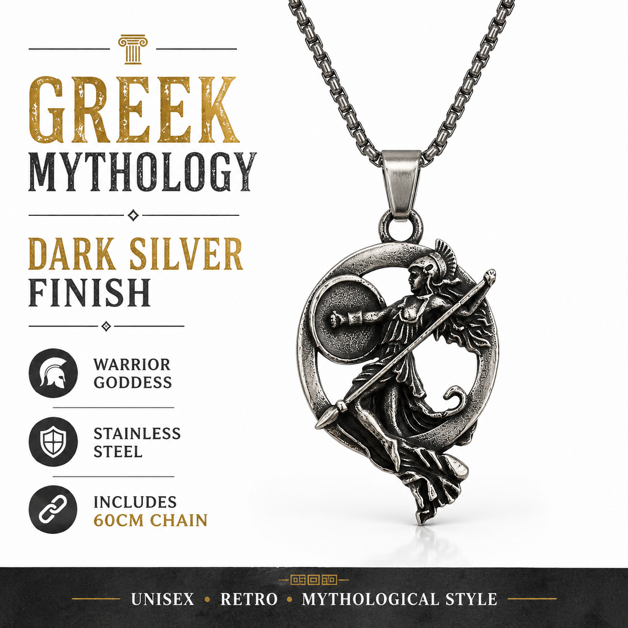 Unisex Retro Greek Goddess Warrior Pendant Necklace Dark Silver Stainless Steel Mythology Chain Gift PN0015