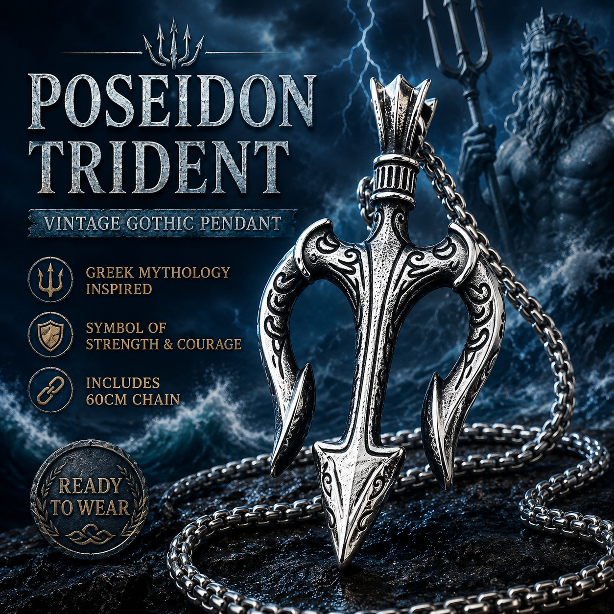 Men Vintage Poseidon Trident Pendant Necklace Gothic Greek Mythology Amulet Stainless Steel Chain PN0002