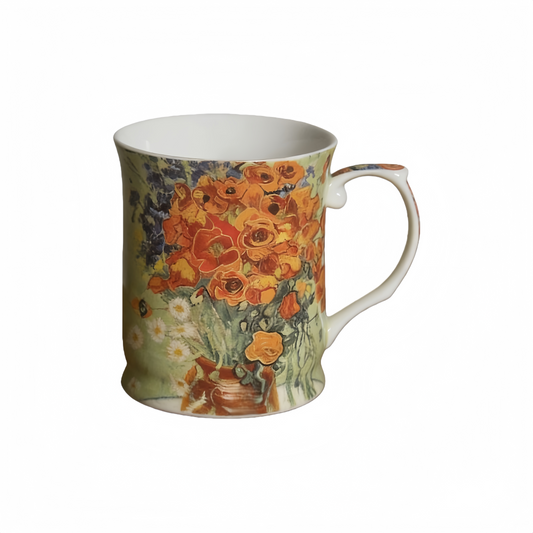 415cc Fine Porcelain Floral Art Mug – Van Gogh Style Red Bouquet Coffee Tea Cup # CW1693