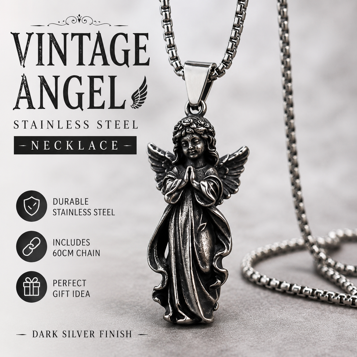 Unisex Vintage Angel Pendant Necklace Stainless Steel Dark Silver Gothic Prayer Angel Charm Chain Necklace Gift for Men Women PN0019