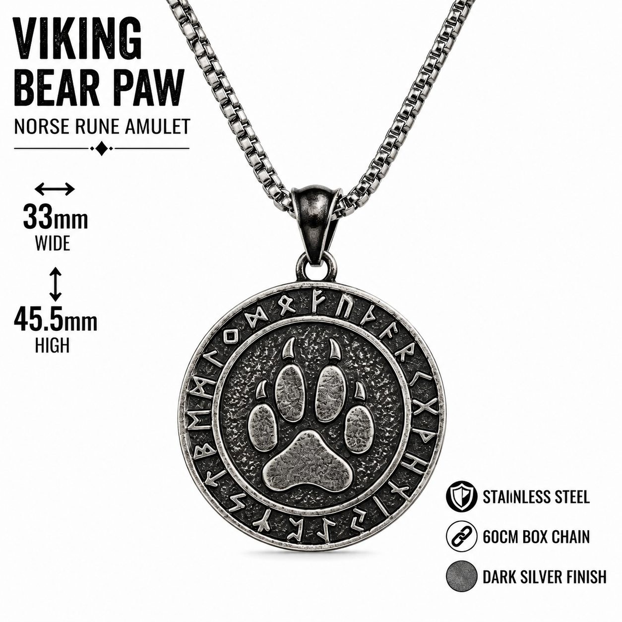 Viking Bear Paw Rune Pendant Necklace Nordic Amulet Stainless Steel Symbolic Totem Gift PN0069