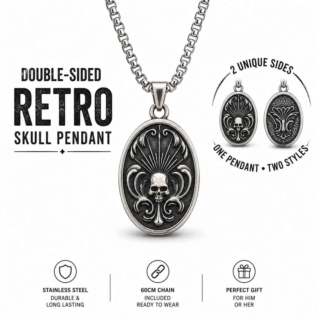 Retro Skull Oval Pendant Necklace Stainless Steel Double-Sided Gothic Necklace with Chain Vintage Punk Jewellery Gift PN0004