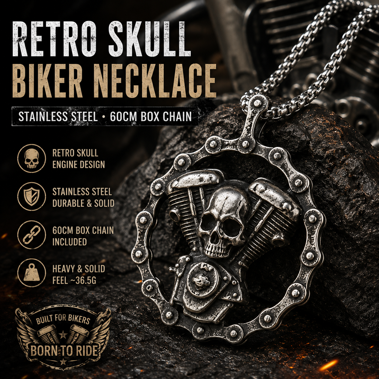 Retro Vintage Skull Motorcycle Engine Pendant Necklace Stainless Steel Biker Punk Gothic Chain Heavy Metal Gift PN0009