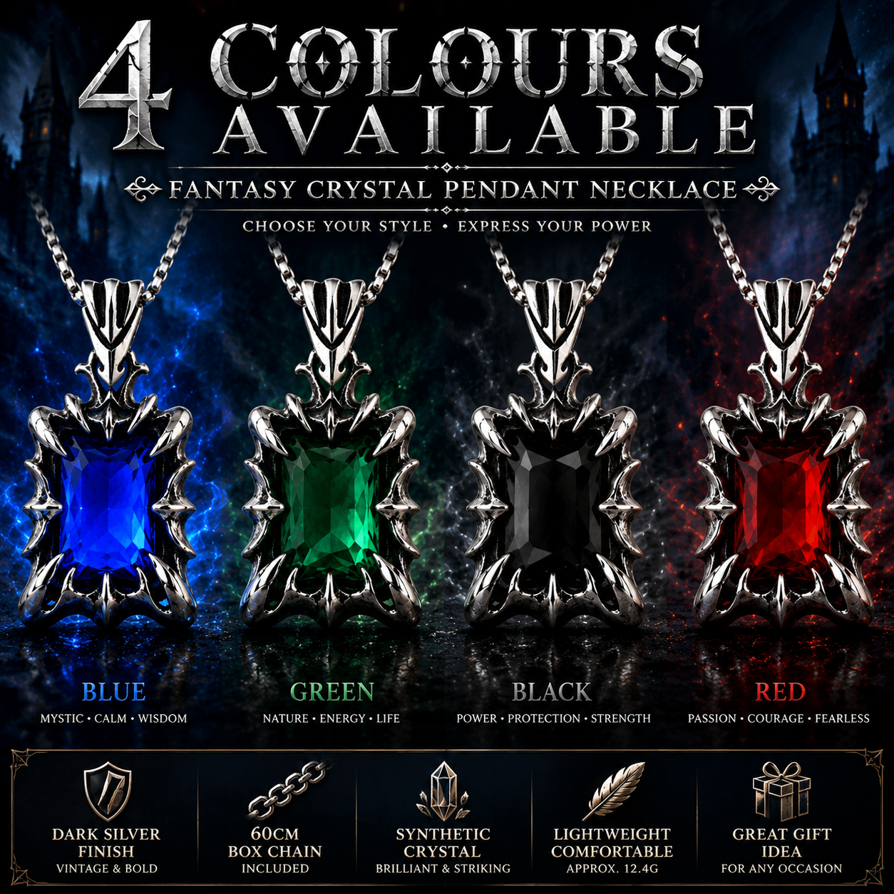 Retro Fantasy Vintage Gothic Crystal Pendant Necklace Dark Silver Stainless Steel Chain Blue Green Red Black Gem PN0029