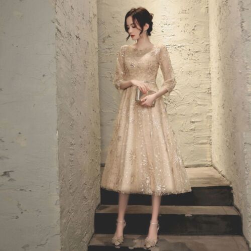 Women Champagne Formal Wedding Evening Cocktail Prom Bridesmaid Ball Gown Dress