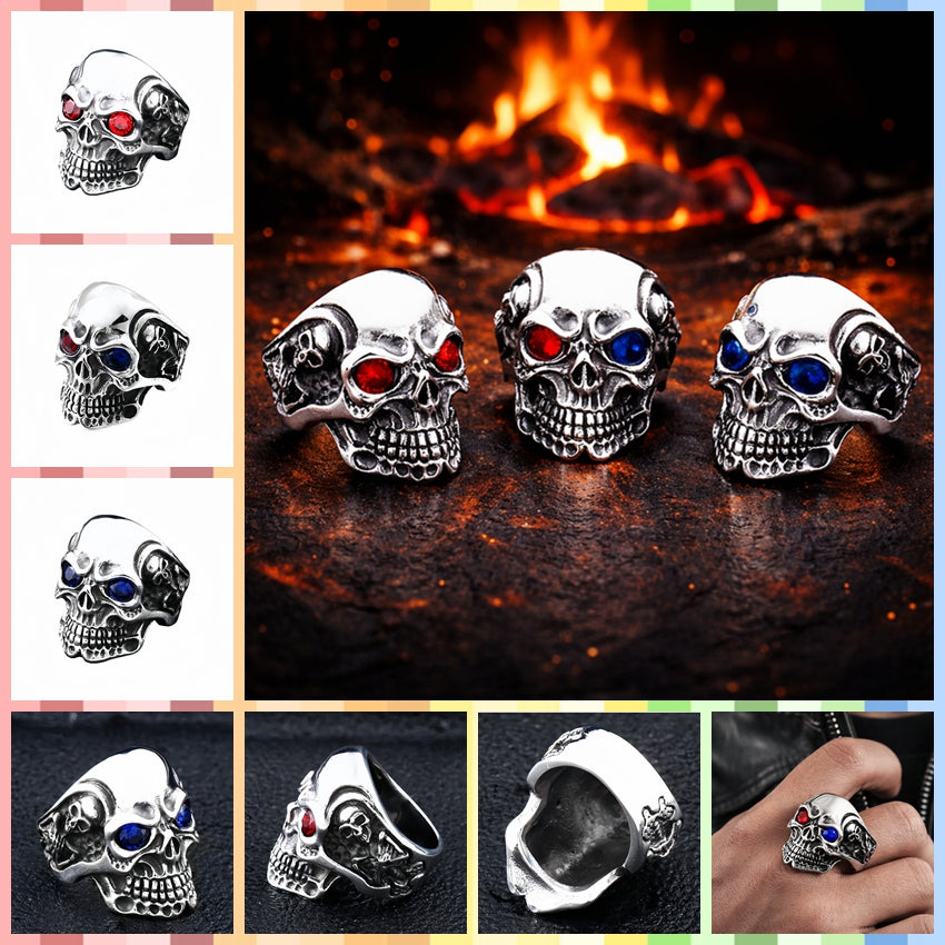 Men’s Gothic Skull Ring Red & Blue CZ Eyes Silver Tone Biker Punk Statement Ring # R25