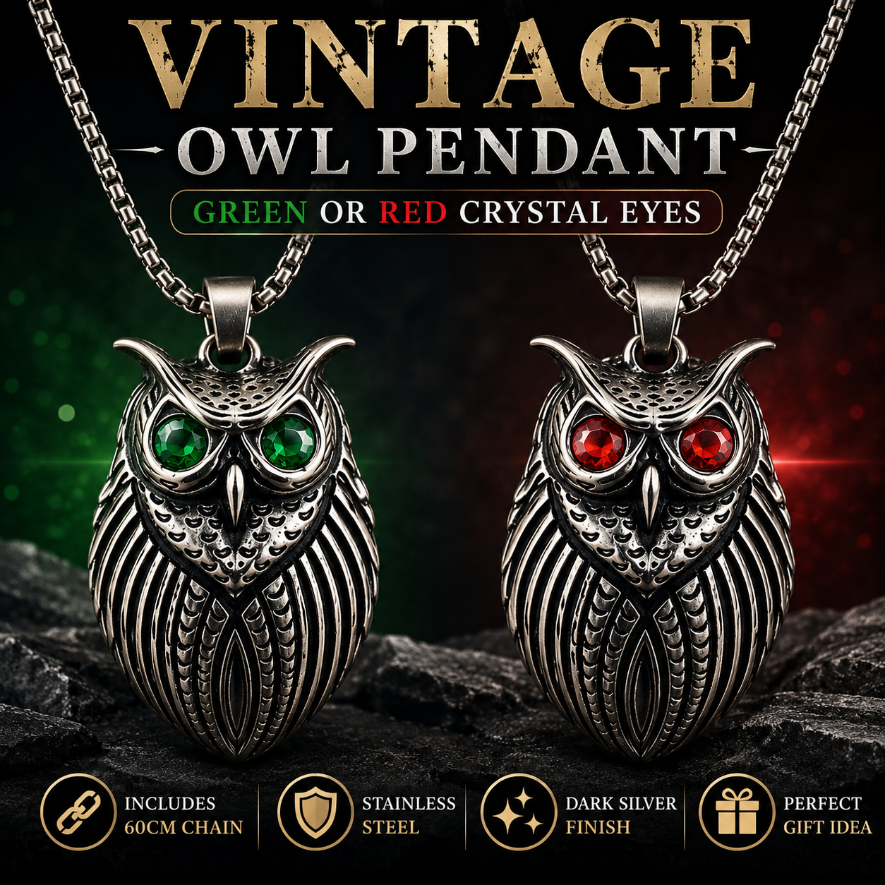 Retro Owl Necklace Stainless Steel Pendant Red Green Gem Eyes Gothic Animal Charm Chain Gift PN0027