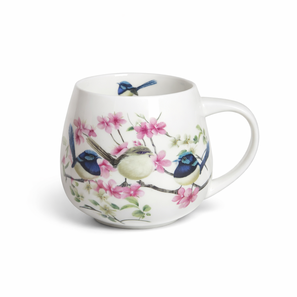 Blue Wren Bird Floral Mug 400ml Fine Porcelain Coffee Tea Cup Birthday Gift Box