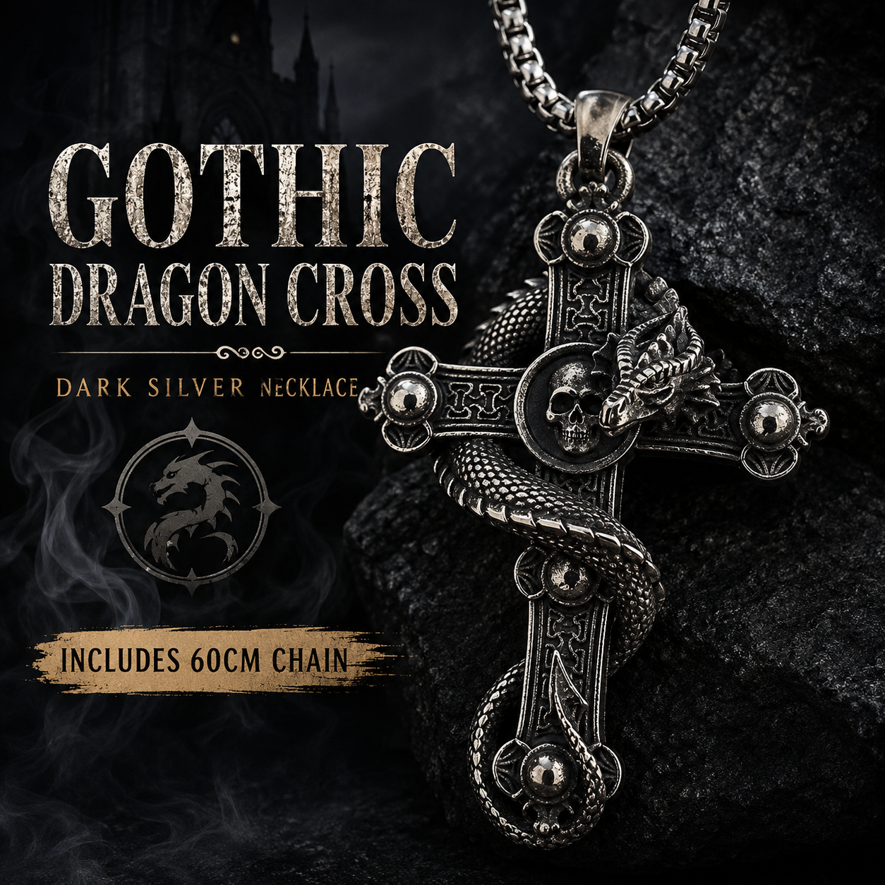 Vintage Dragon Cross Skull Pendant Necklace Men Gothic Stainless Steel Dark Silver Chain PN0022